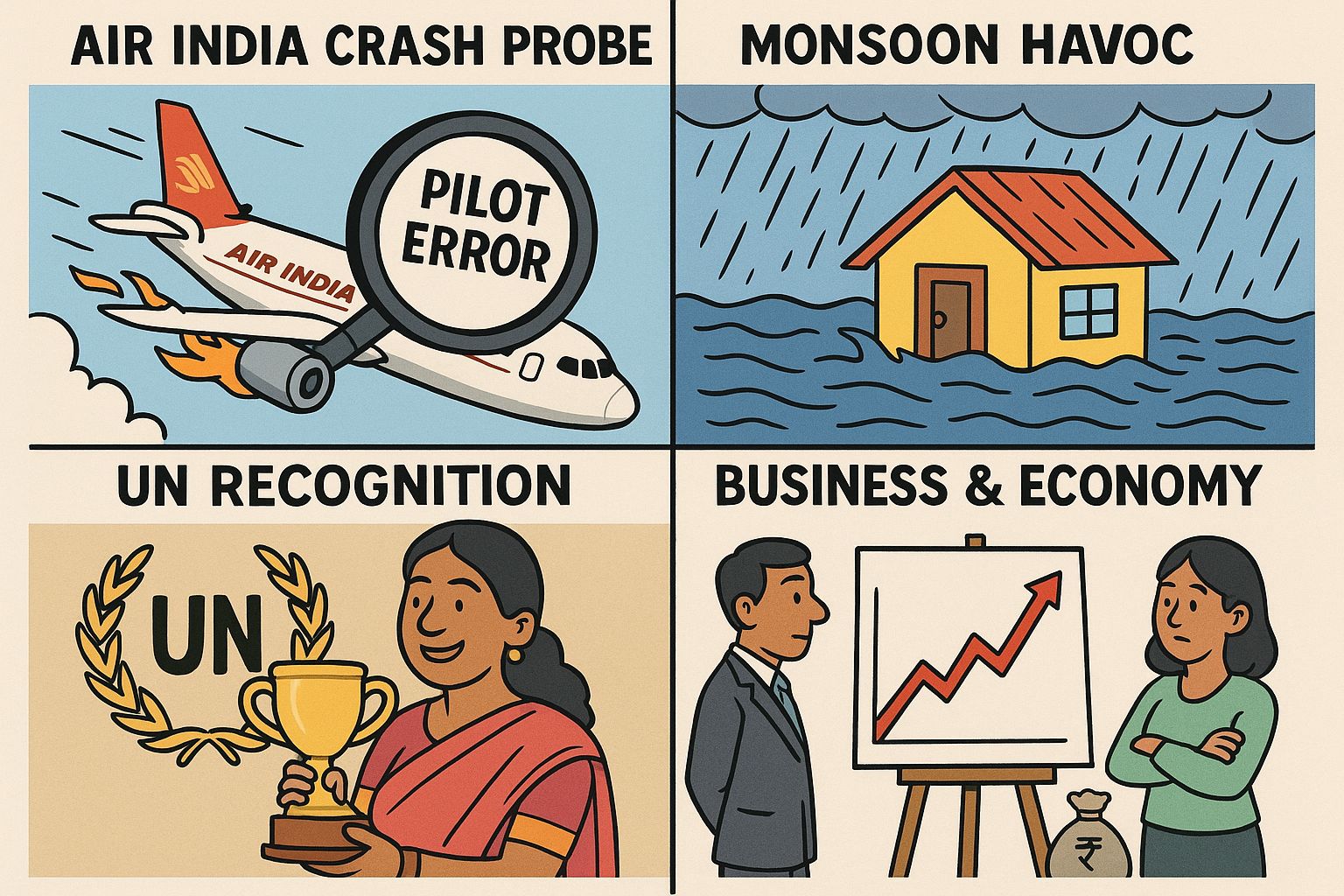 आज की 5 बड़ी खबरें: एयर इंडिया हादसे पर उठा सवाल, हिमाचल में मानसून की तबाही, भारत को अंतरराष्ट्रीय सम्मान, व्यापार जगत में हलचल और खेलों में जोश